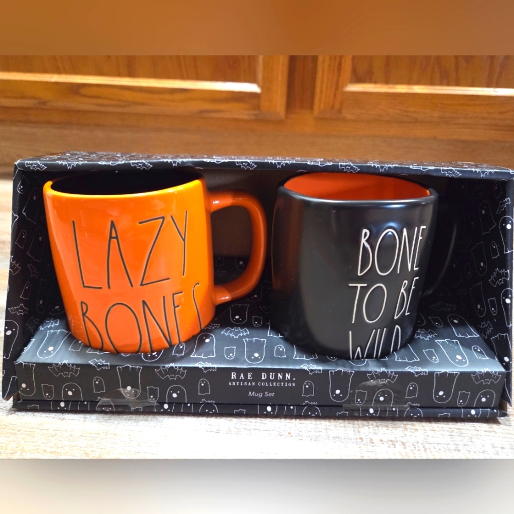 NIB Rae Dunn Lazy Bones and Bone to Be Wild Mug Set - Orange and Black
